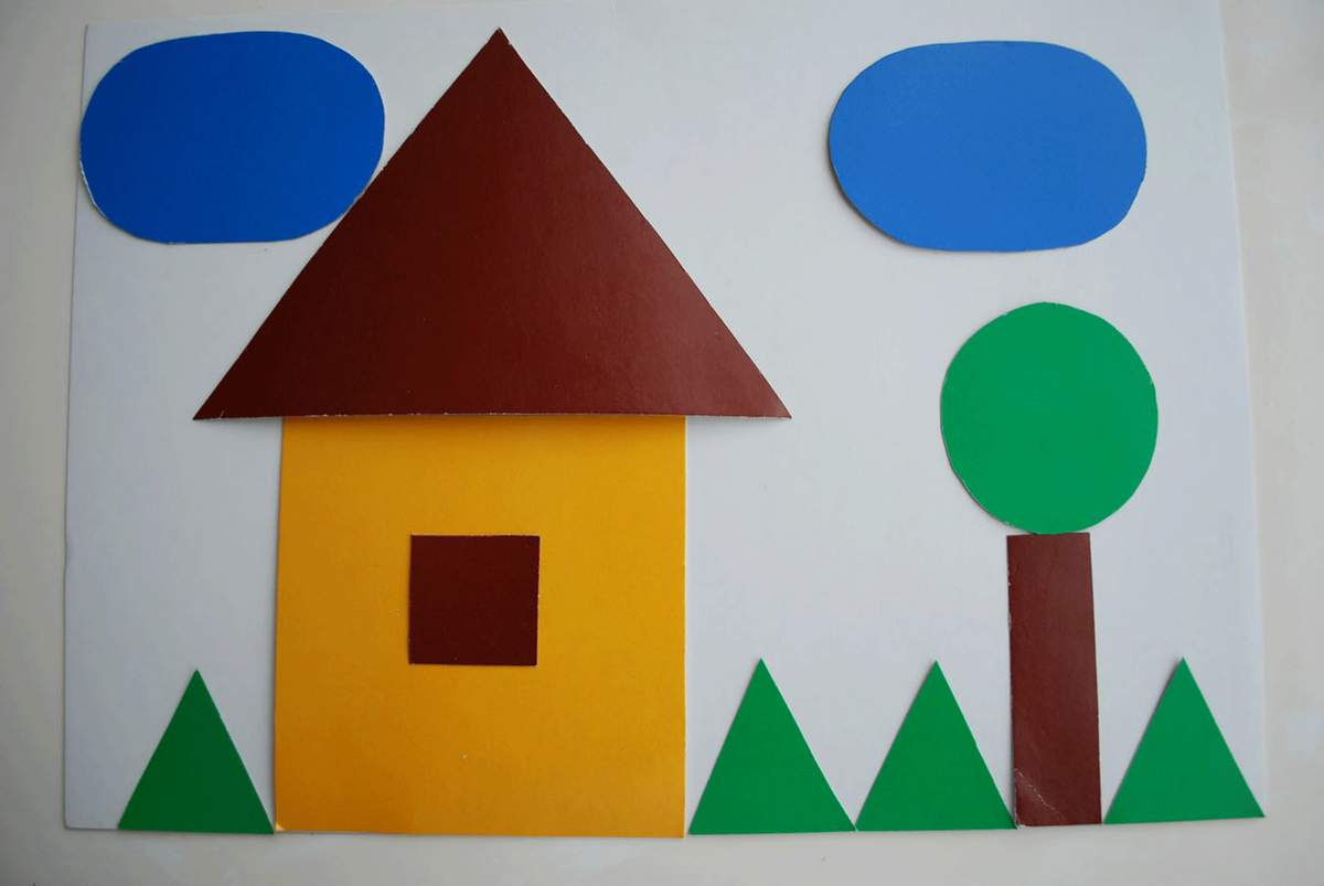 Геометрическая аппликация. Аппликация дом. Дом аппликация для детей. Аппликация из геометрических фигур.